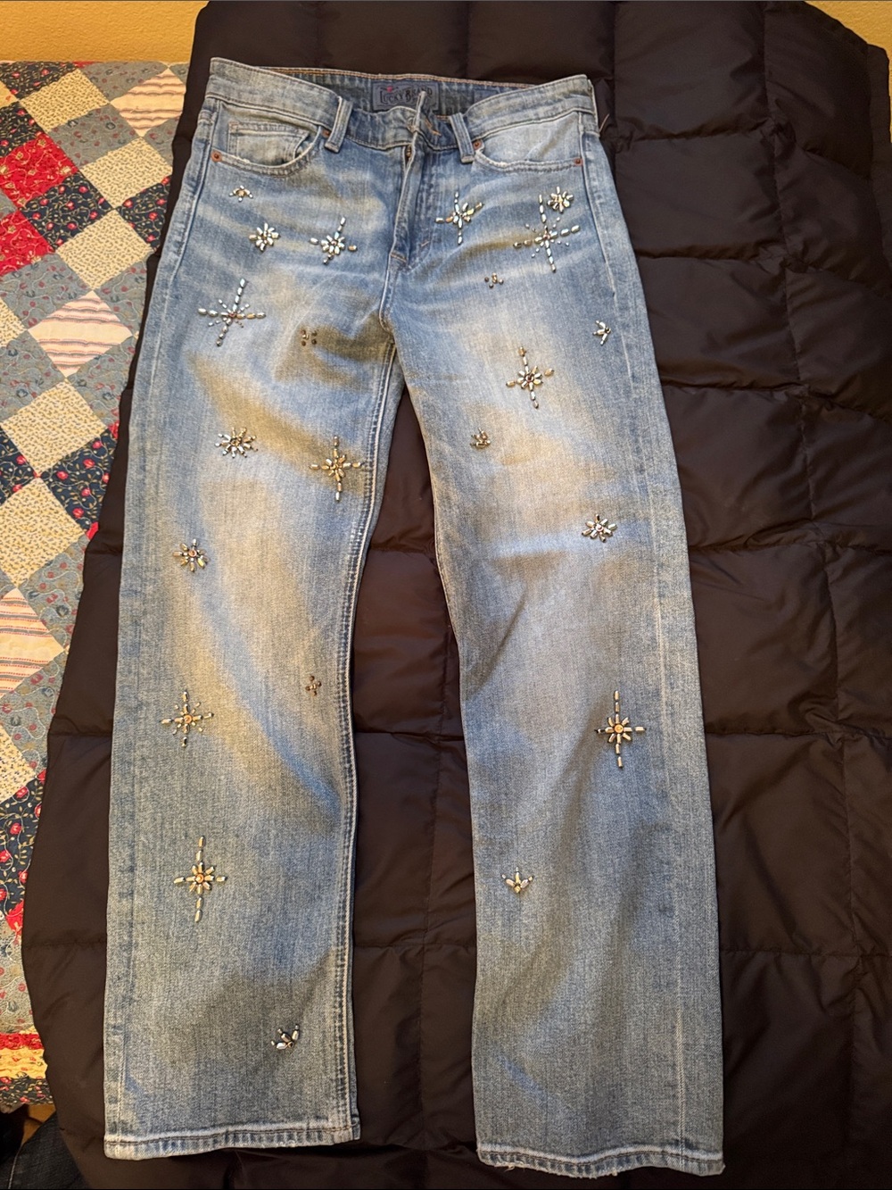 Lucky Brand Light Blue Straight Leg Jeans with Beaded Star Embellishments